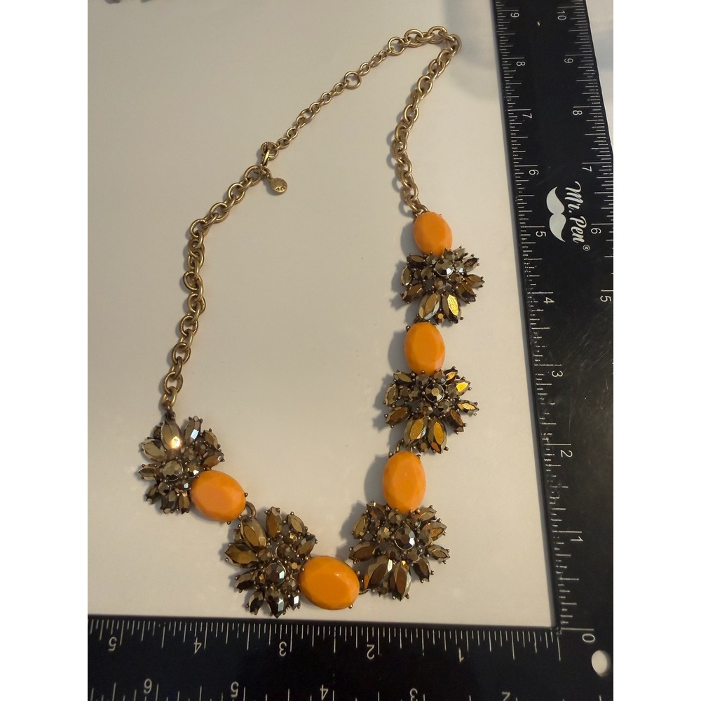 J.Crew Statement Necklace Orange Cabochon Smoky Crystal Gold Tone Floral Cluster